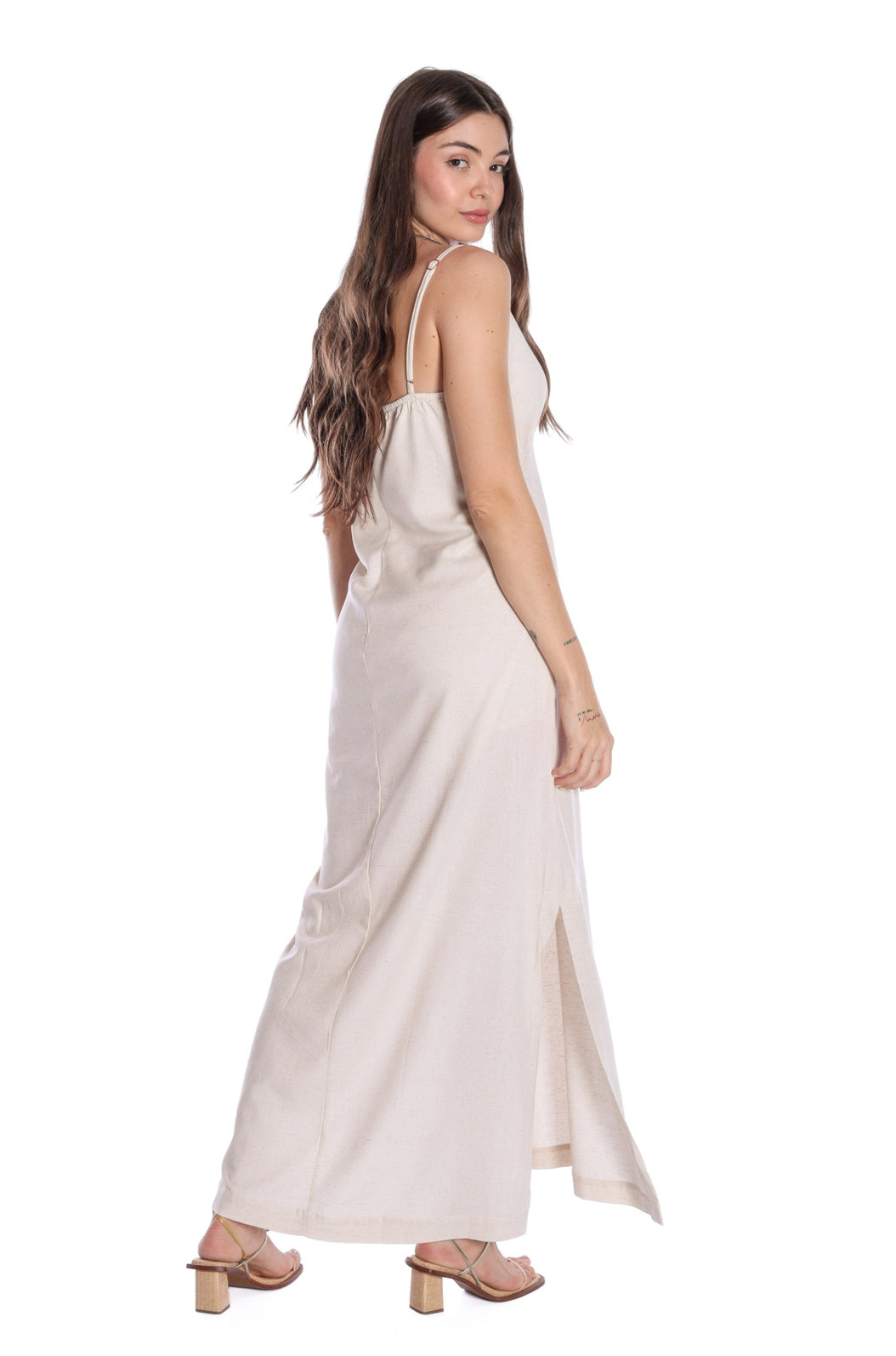 Vestido Feminino Linho Longo de Alça Estampado Natural Vestido Feminino Linho Longo de Alça Estampado Natural