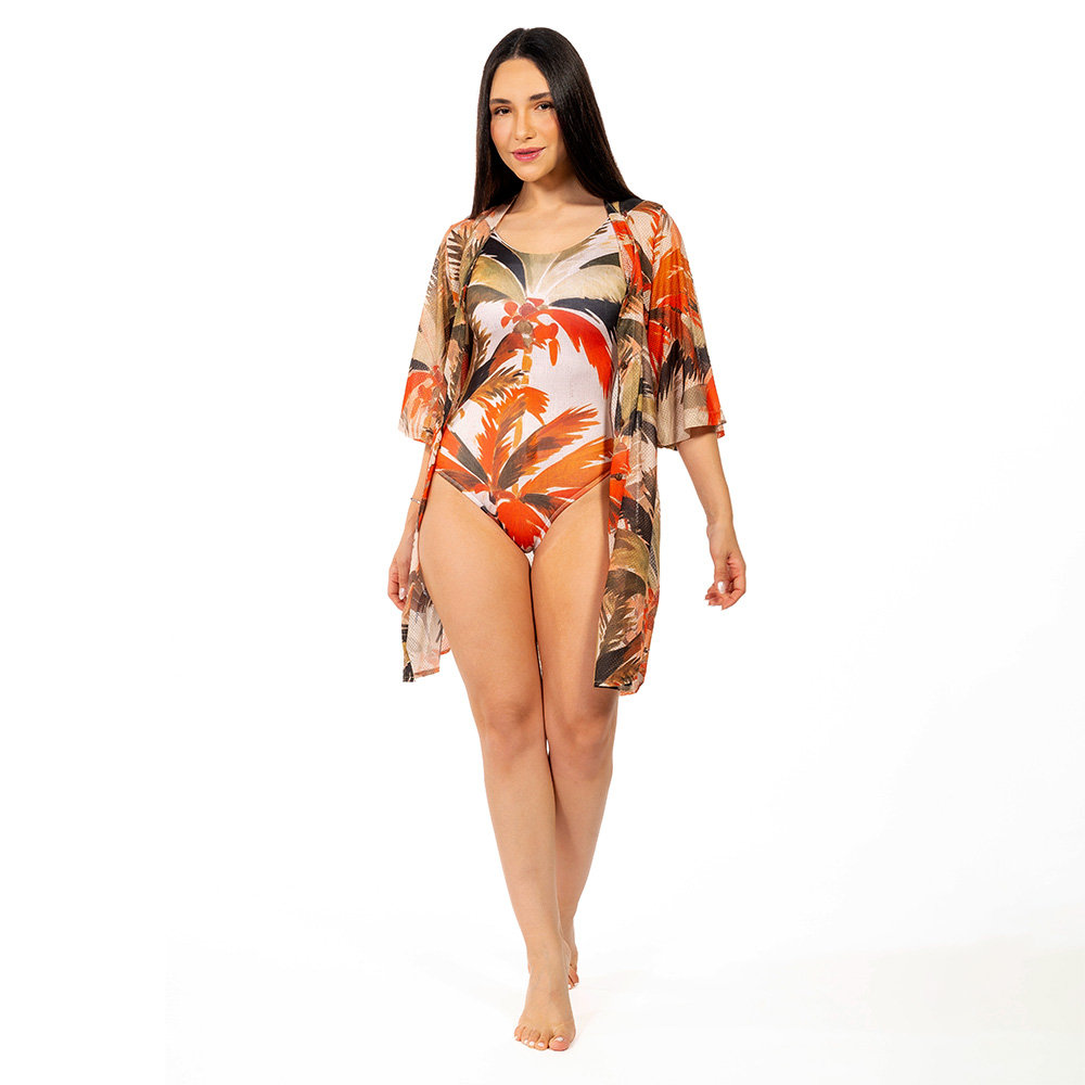 Saida Feminina de Praia Chemise Alongada Estampada Coqueiros Aquarela Saida Feminina de Praia Chemise Alongada Estampada Coqueiros Aquarela