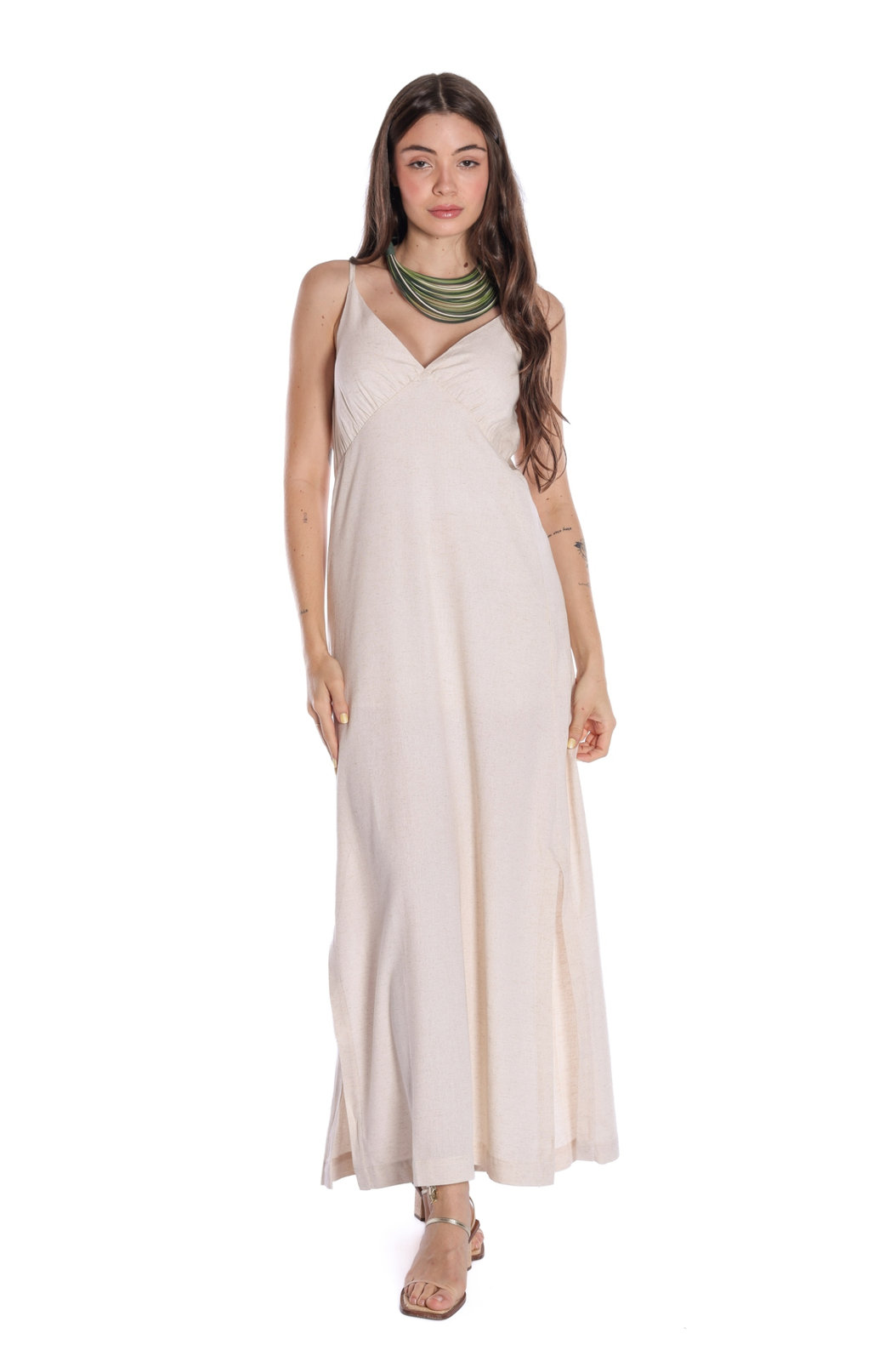 Vestido Feminino Linho Longo de Alça Estampado Natural Vestido Feminino Linho Longo de Alça Estampado Natural