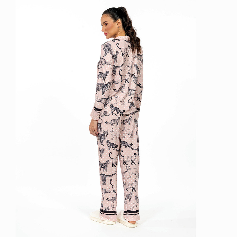 Pijama Feminino Manga Longa Americano Estampado Gato Traços Poá Pijama Feminino Manga Longa Americano Estampado Gato Traços Poá