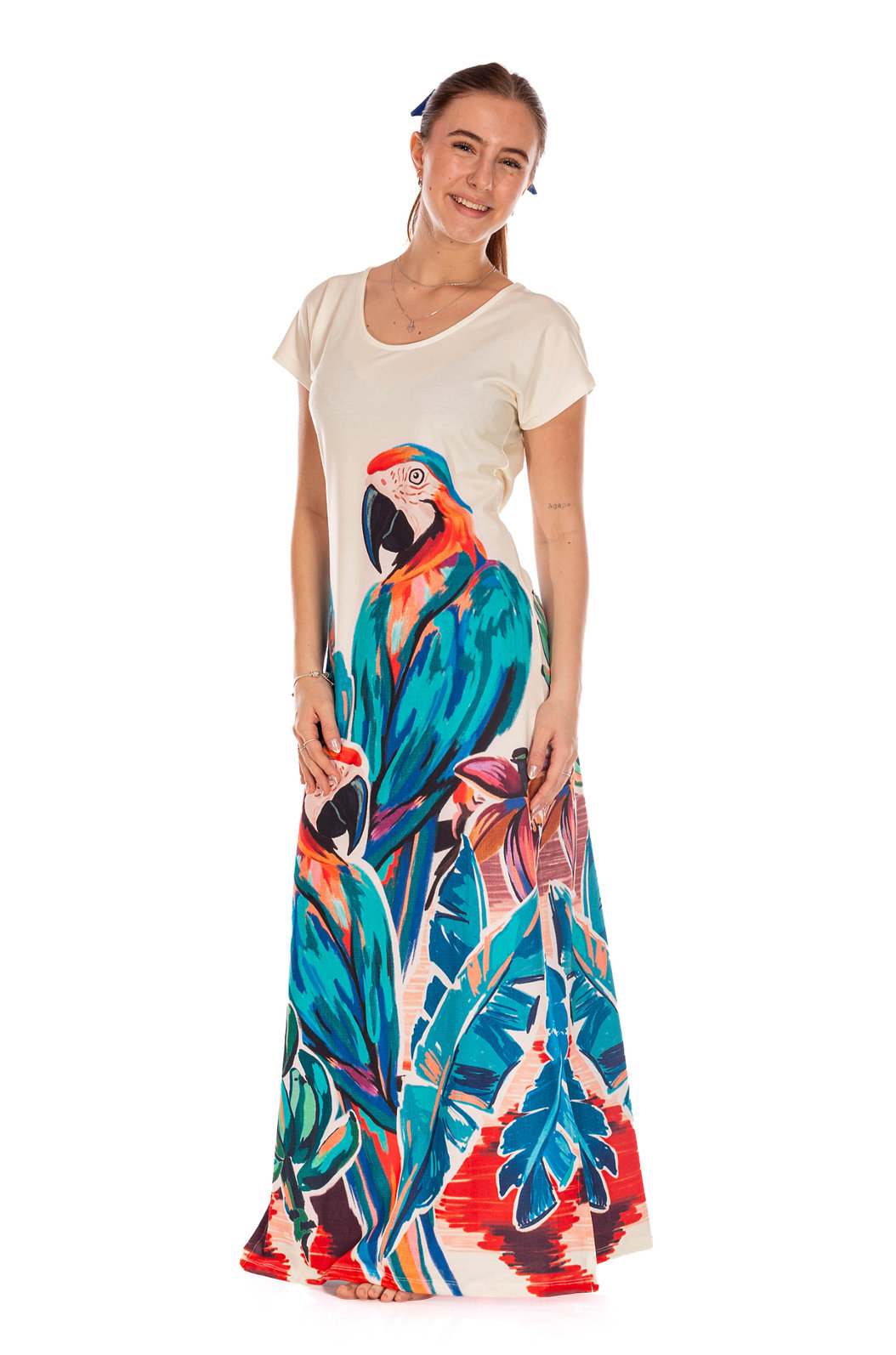 Vestido Feminino Jeri Longo New Estampado Canindé Bananas e Lírio Vestido Feminino Jeri Longo New Estampado Canindé Bananas e Lírio