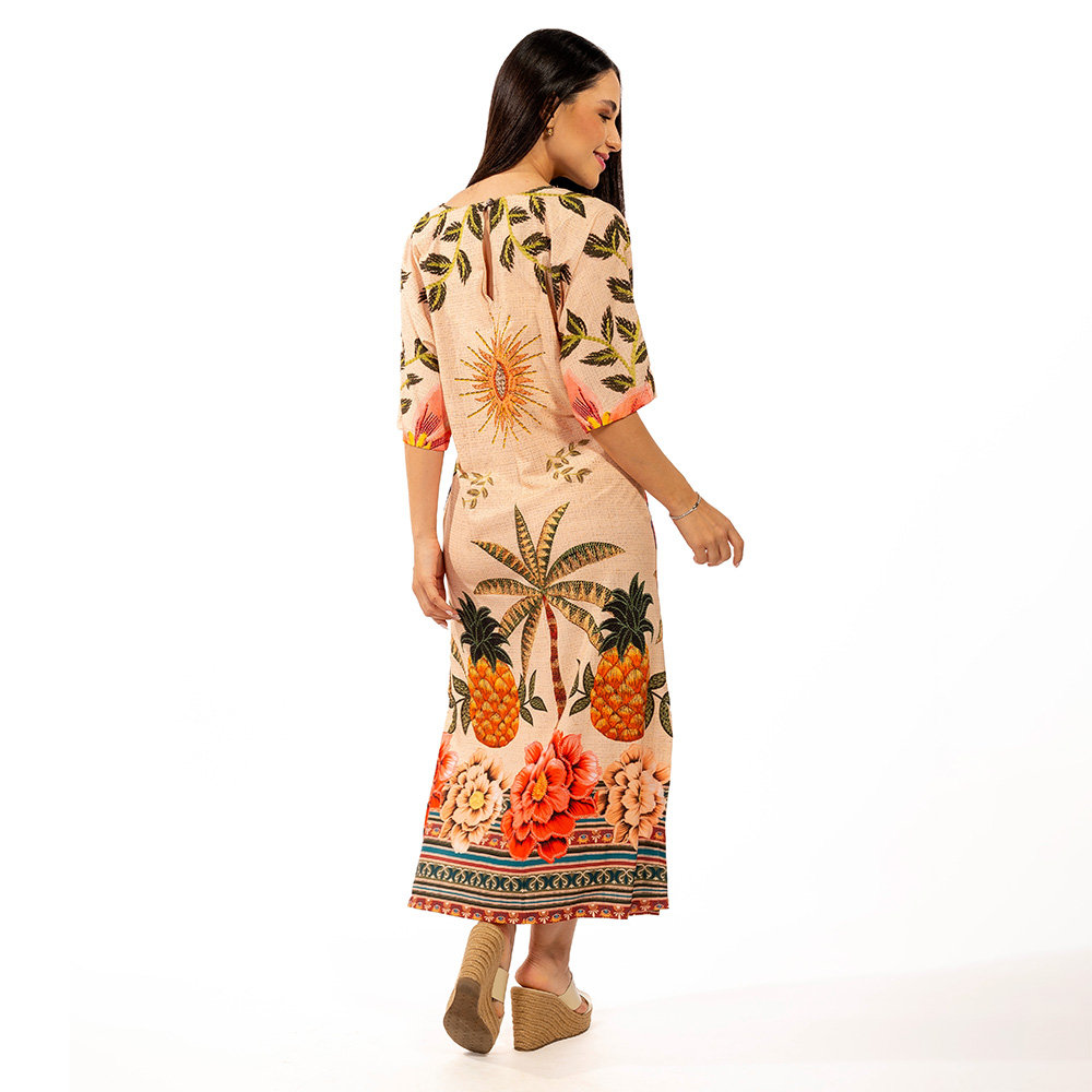 Vestido Feminino Kaftan Atena Estampado Aves Tropicais Barrado Vestido Feminino Kaftan Atena Estampado Aves Tropicais Barrado
