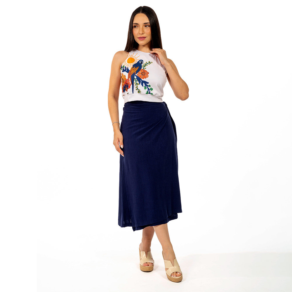 Top Feminino Canelado Estampado Arara Tropical Bordado