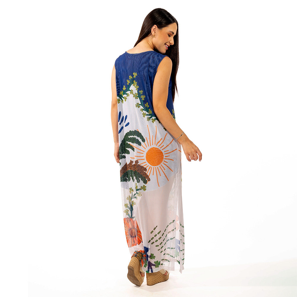 Vestido Feminino Tule Maré Estampado Arara Tropical Bordado