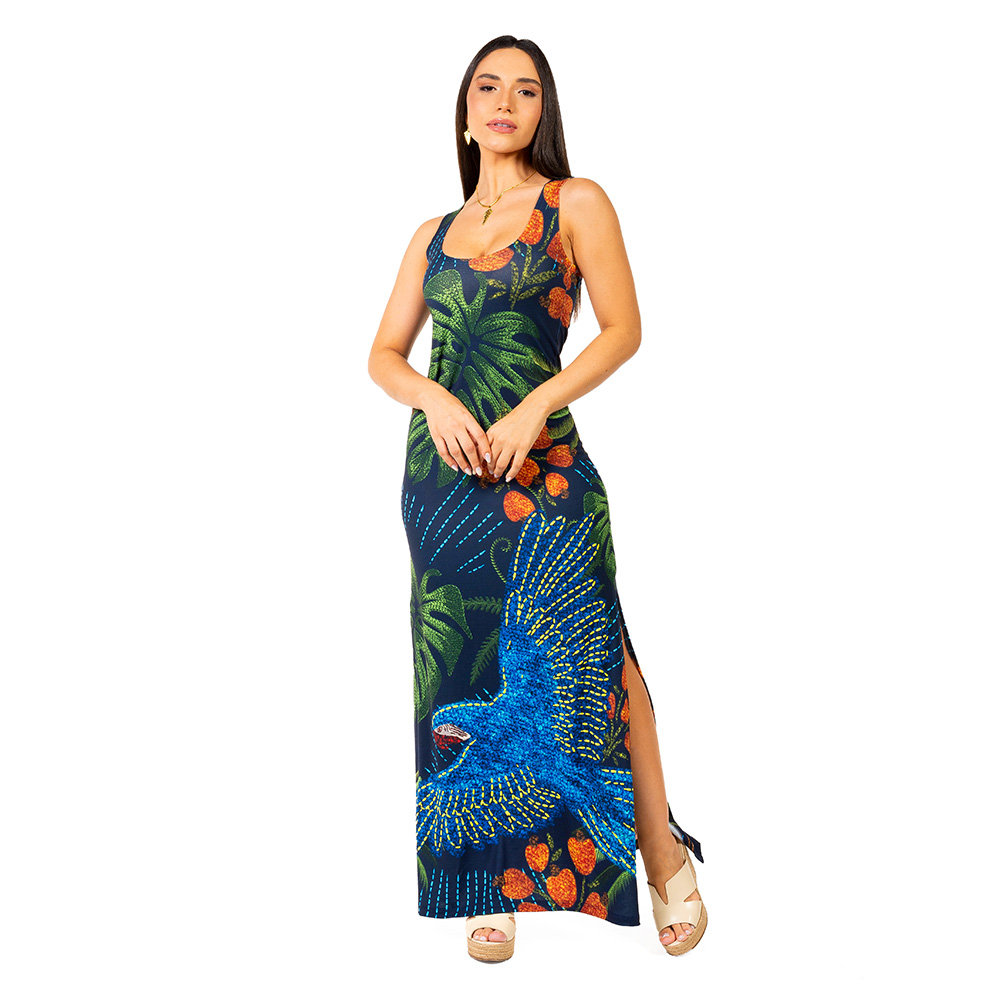 Vestido Feminino Hortência Estampado Arara Bord Barra Fundo Azul