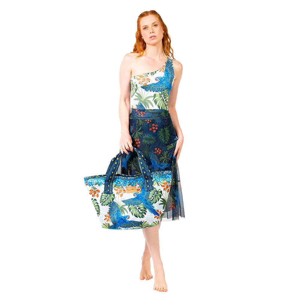 Saia Feminina Pareo Leveza Estampada Arara Bord Barra Fundo Azul