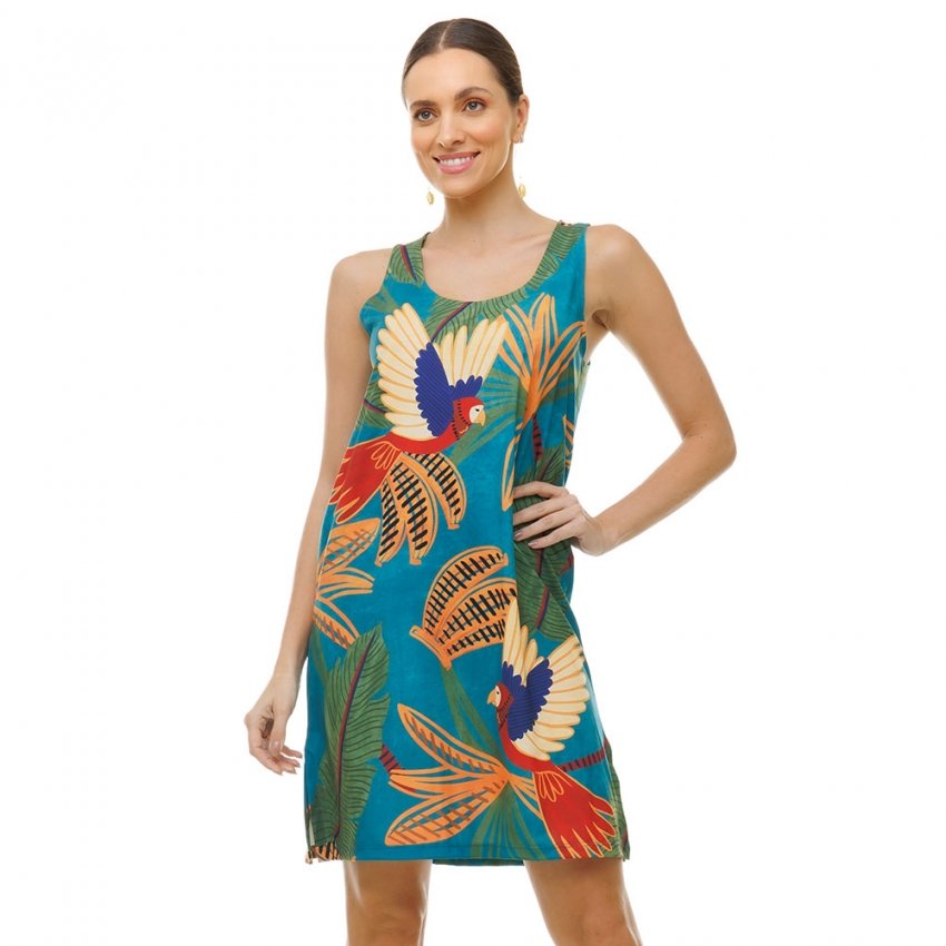 Vestido Feminino Flora Estampado Araras Bananas Vestido Feminino Flora Estampado Araras Bananas