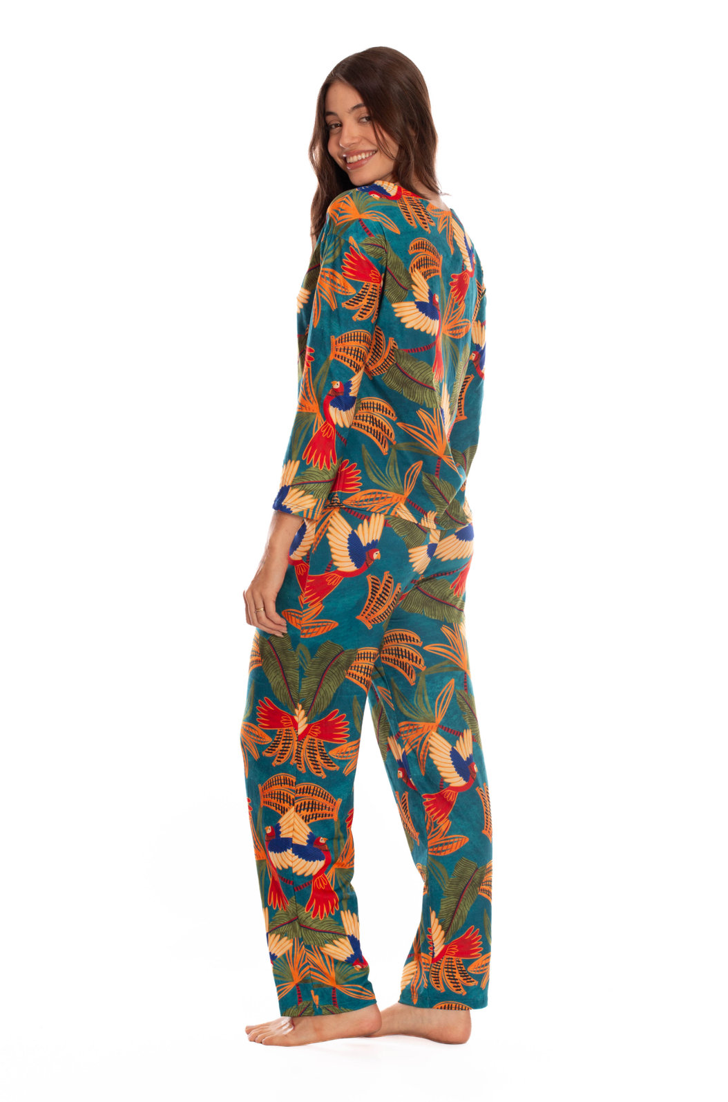 Pijama Feminino Manga Longa Estampado Araras Bananas Pijama Feminino Manga Longa Estampado Araras Bananas