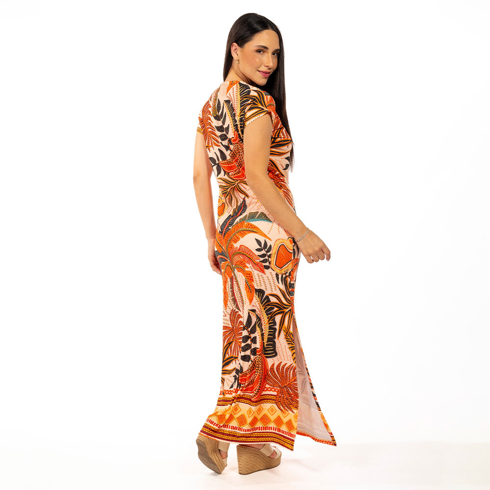 Vestido Feminino Jeri Longo New Estampado Natureza Bordada Vestido Feminino Jeri Longo New Estampado Natureza Bordada