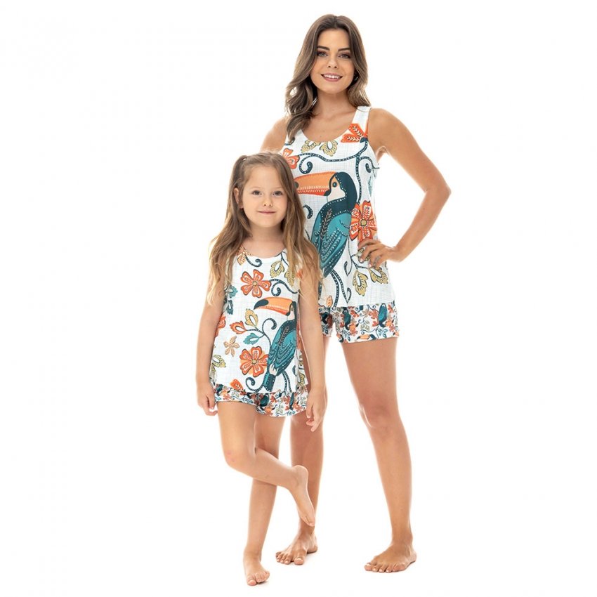 Pijama Feminino Infantil Estampado Tucano Desenho Fundo Tela Bnco Pijama Feminino Infantil Estampado Tucano Desenho Fundo Tela Bnco