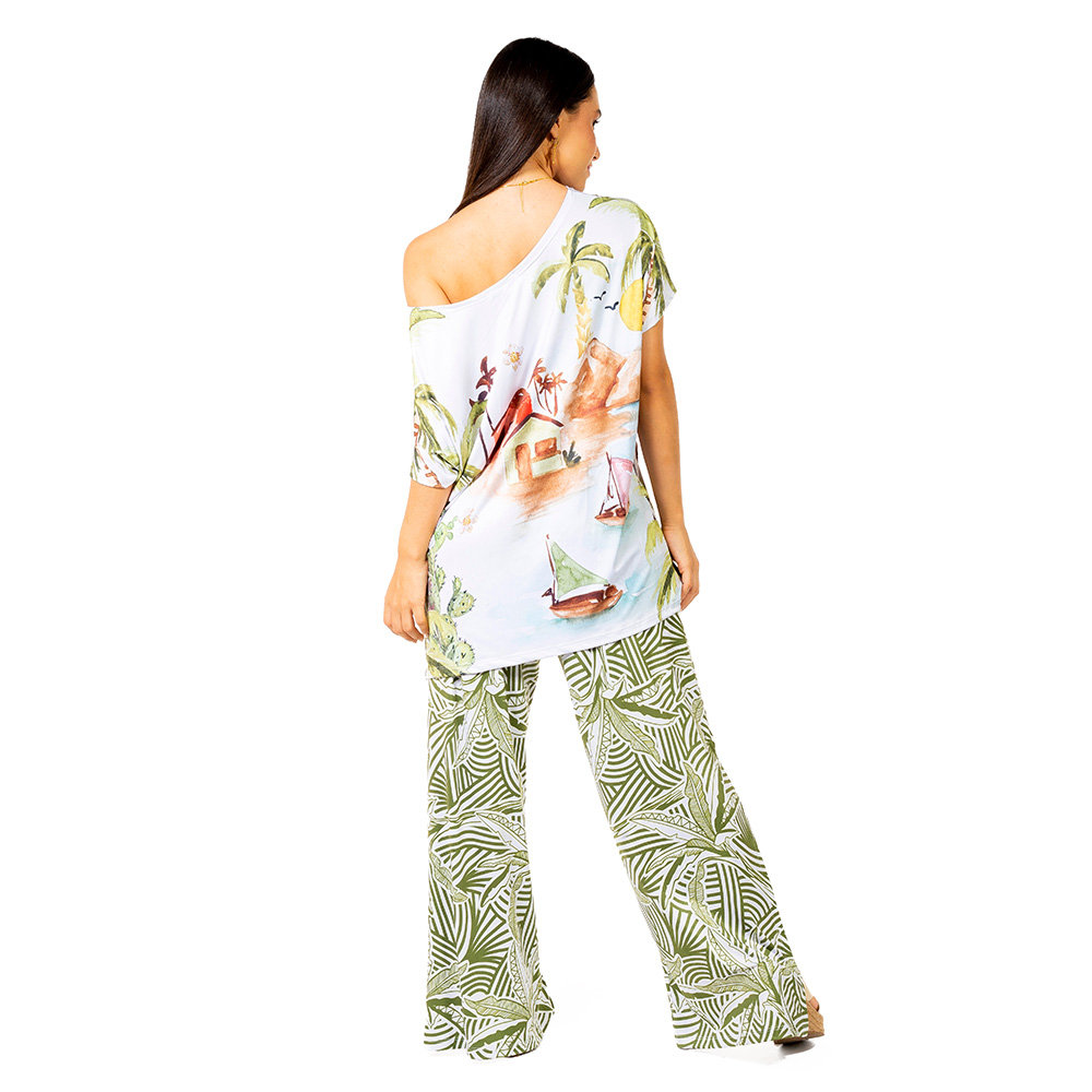 Calça Feminina Com Fenda New Estampada Bananeiras Vetor Fundo Off