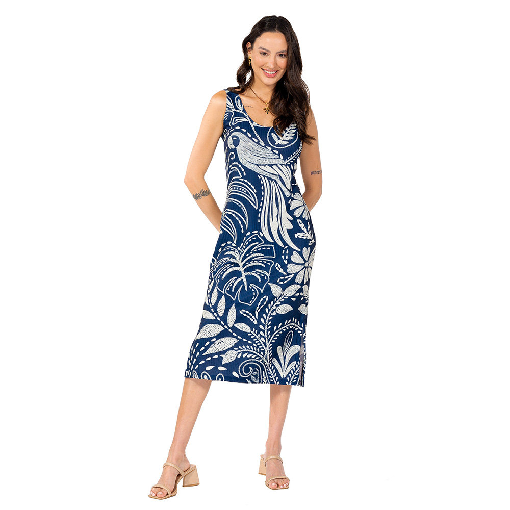 Vestido Feminino Canelado Estampado Araras Bordado Fundo Off