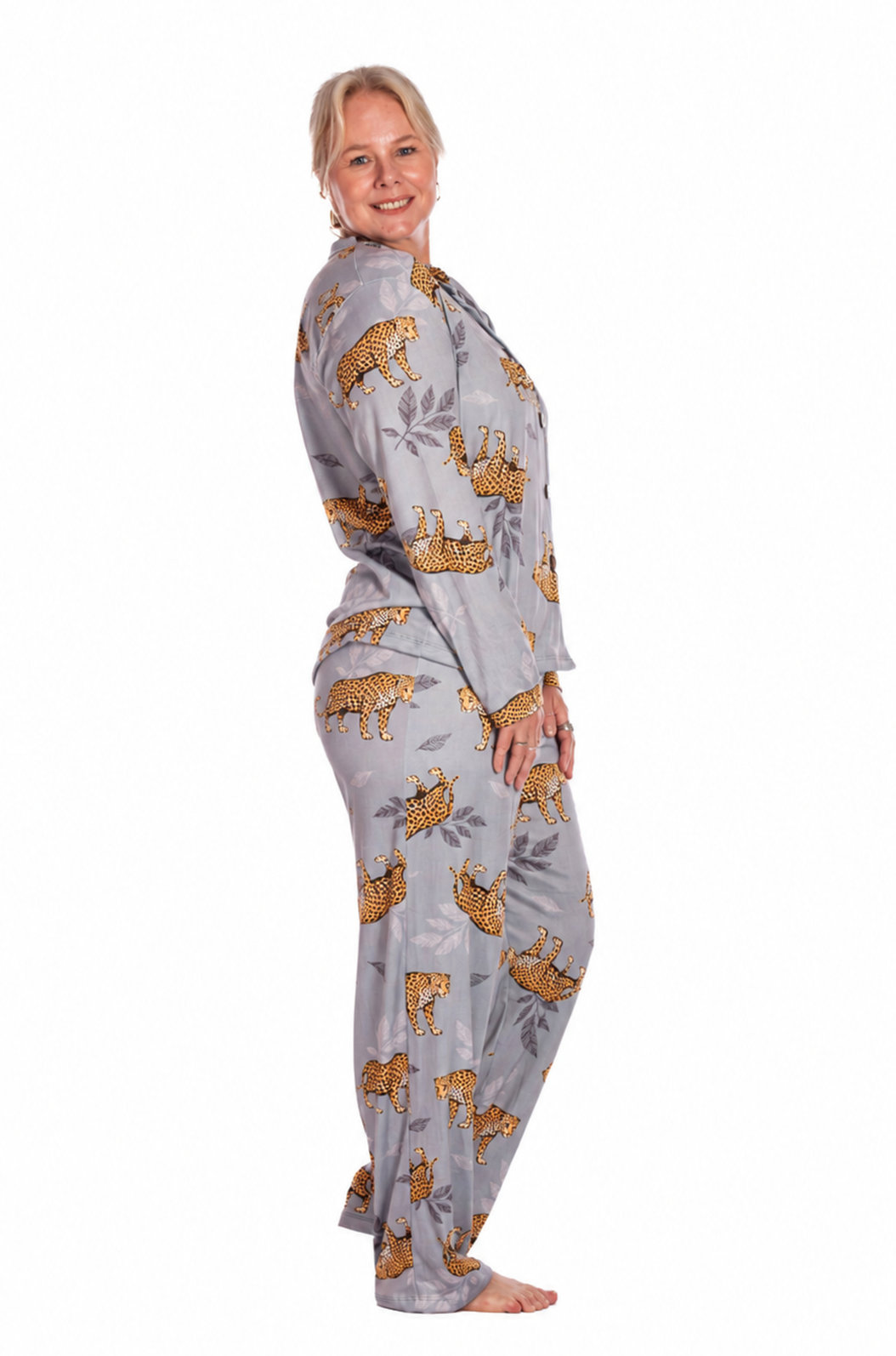 Pijama Feminino Manga Longa Americano Estampado Onça Listras Folhas Pijama Feminino Manga Longa Americano Estampado Onça Listras Folhas
