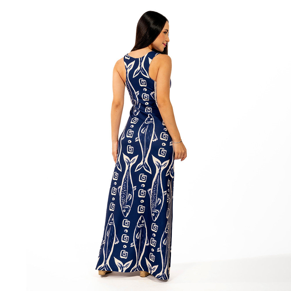Vestido Feminino Hortência Estampado Maxi Peixes Fundo Off
