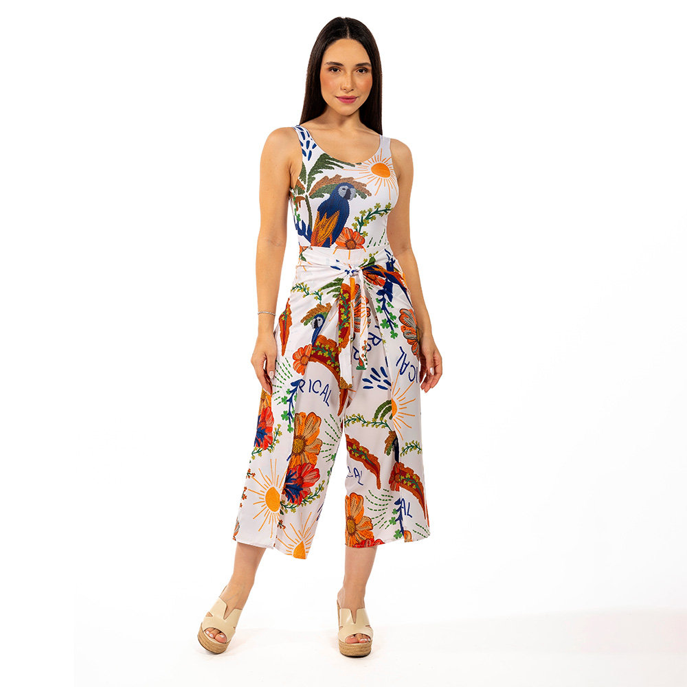 Calça Feminina Transpassada Estampada Arara Tropical Bordado Calça Feminina Transpassada Estampada Arara Tropical Bordado