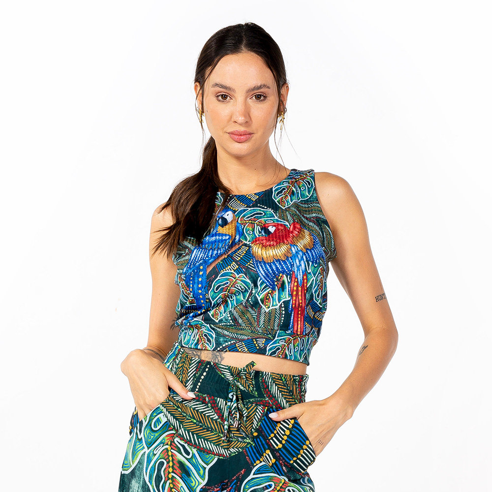 Top Feminino Canelado Estampado Araras Folhagens Etnicas
