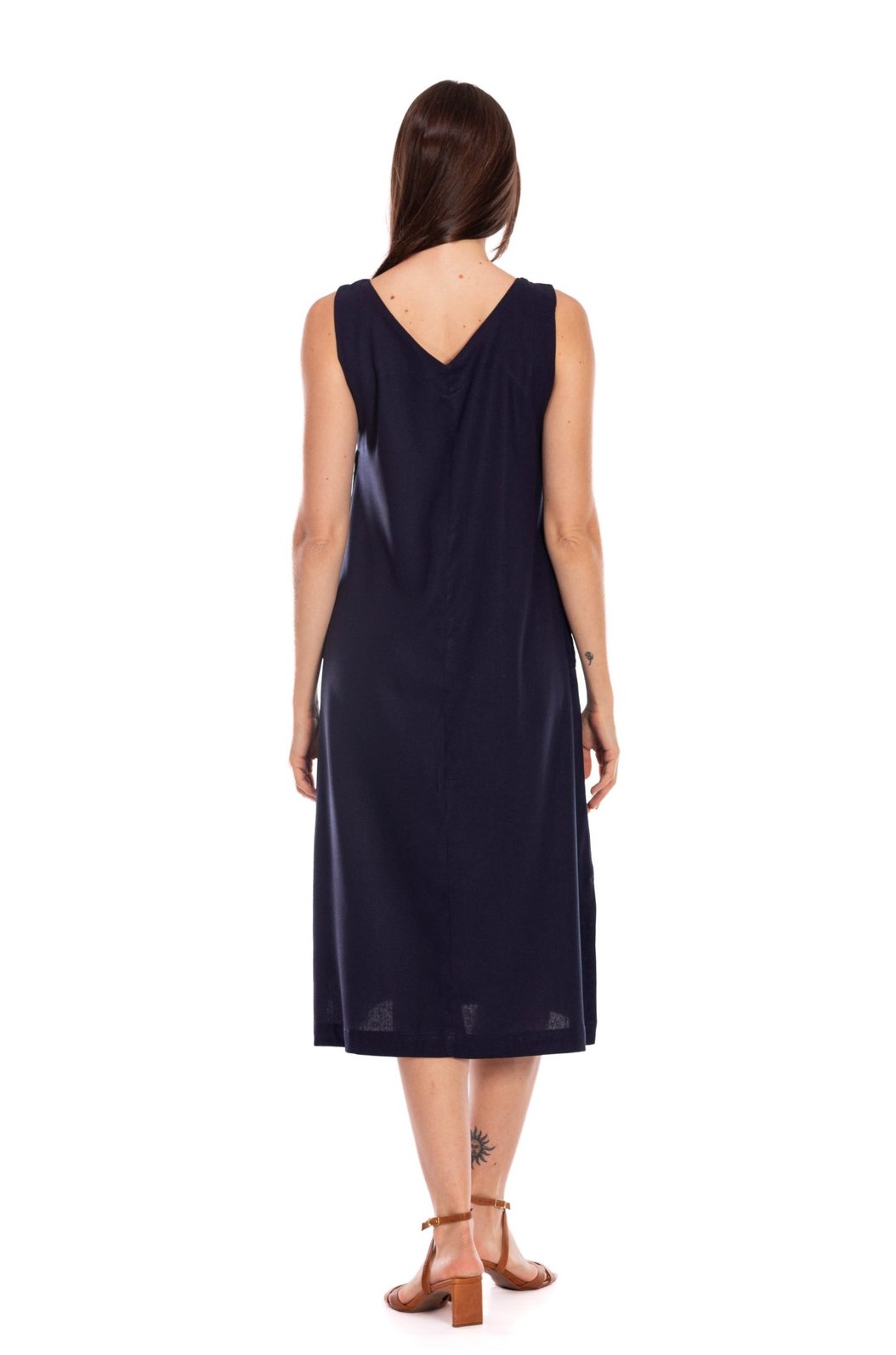 Vestido Feminino Linho Clássico com Bolso Marinho Vestido Feminino Linho Clássico com Bolso Marinho
