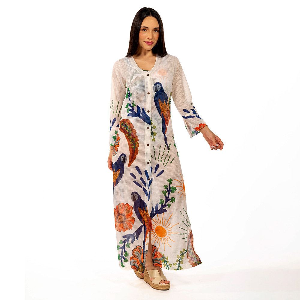Saída de Praia Trancoso Estampada Arara Tropical Bordado