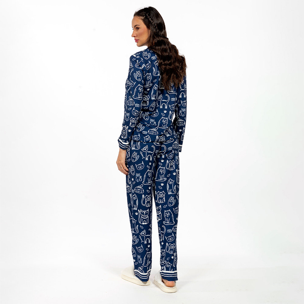 Pijama Feminino Manga Longa Americano Estampado Gatinho Peixe Pata Pijama Feminino Manga Longa Americano Estampado Gatinho Peixe Pata