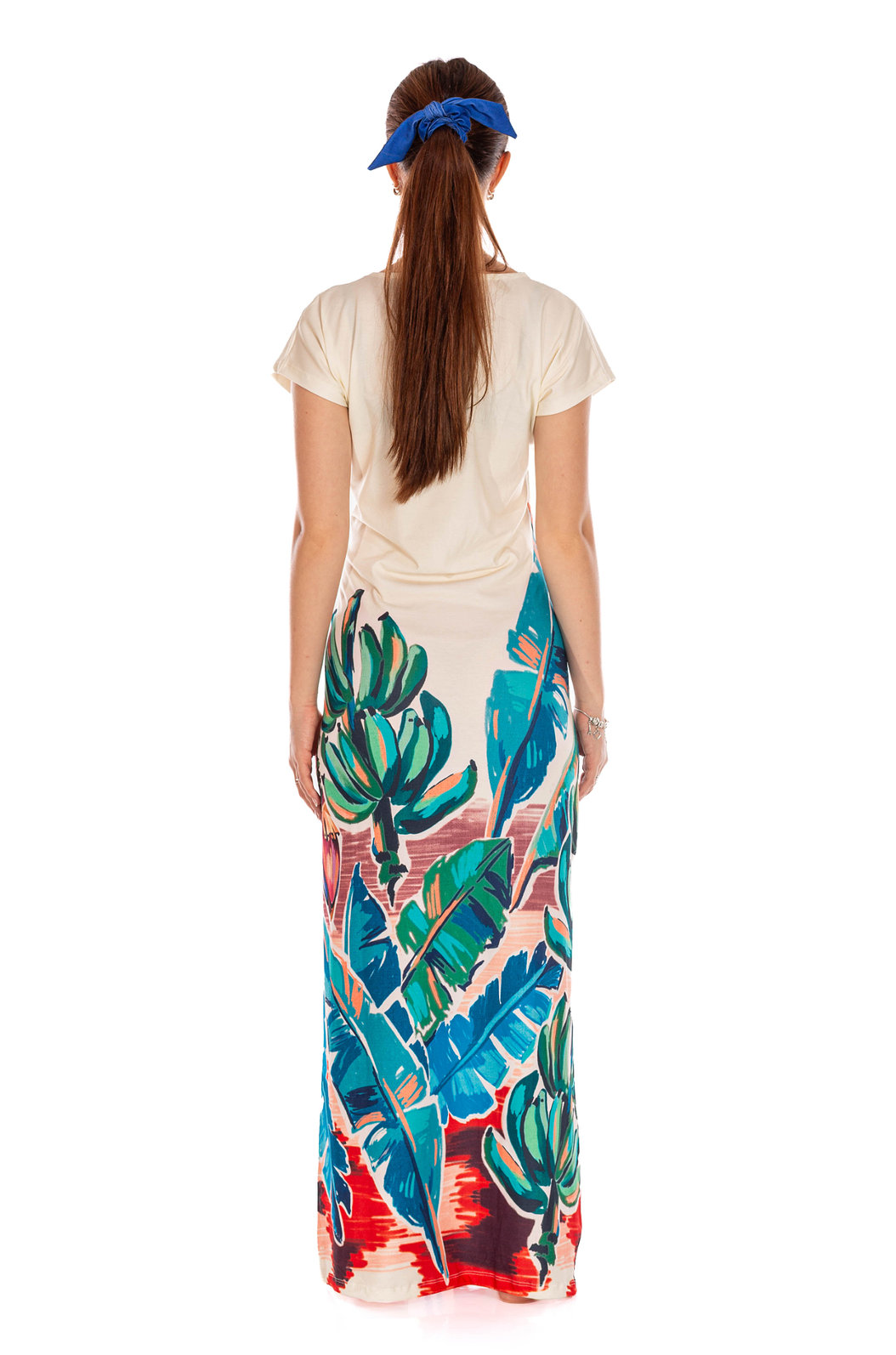 Vestido Feminino Jeri Longo New Estampado Canindé Bananas e Lírio Vestido Feminino Jeri Longo New Estampado Canindé Bananas e Lírio