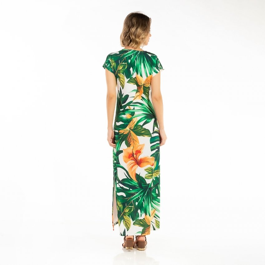 Vestido Feminino Jeri Longo New Estampado Arara Folhas Fundo Folhas Vestido Feminino Jeri Longo New Estampado Arara Folhas Fundo Folhas