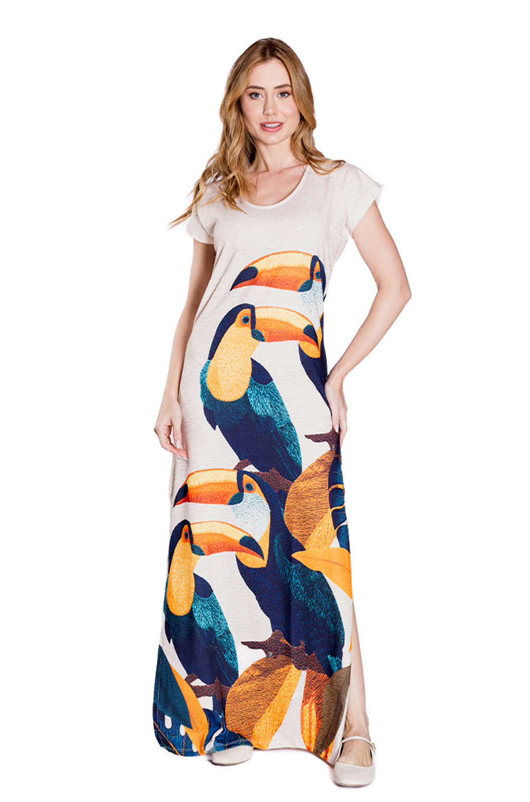 Vestido Feminino Jeri Longo New Estampado Tucanos Tela Bordada Vestido Feminino Jeri Longo New Estampado Tucanos Tela Bordada