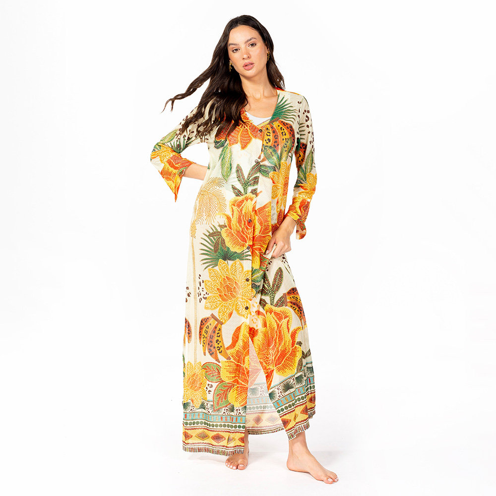 Saída de Praia Trancoso Estampada Arara Banana Bordado Barrado Saída de Praia Trancoso Estampada Arara Banana Bordado Barrado