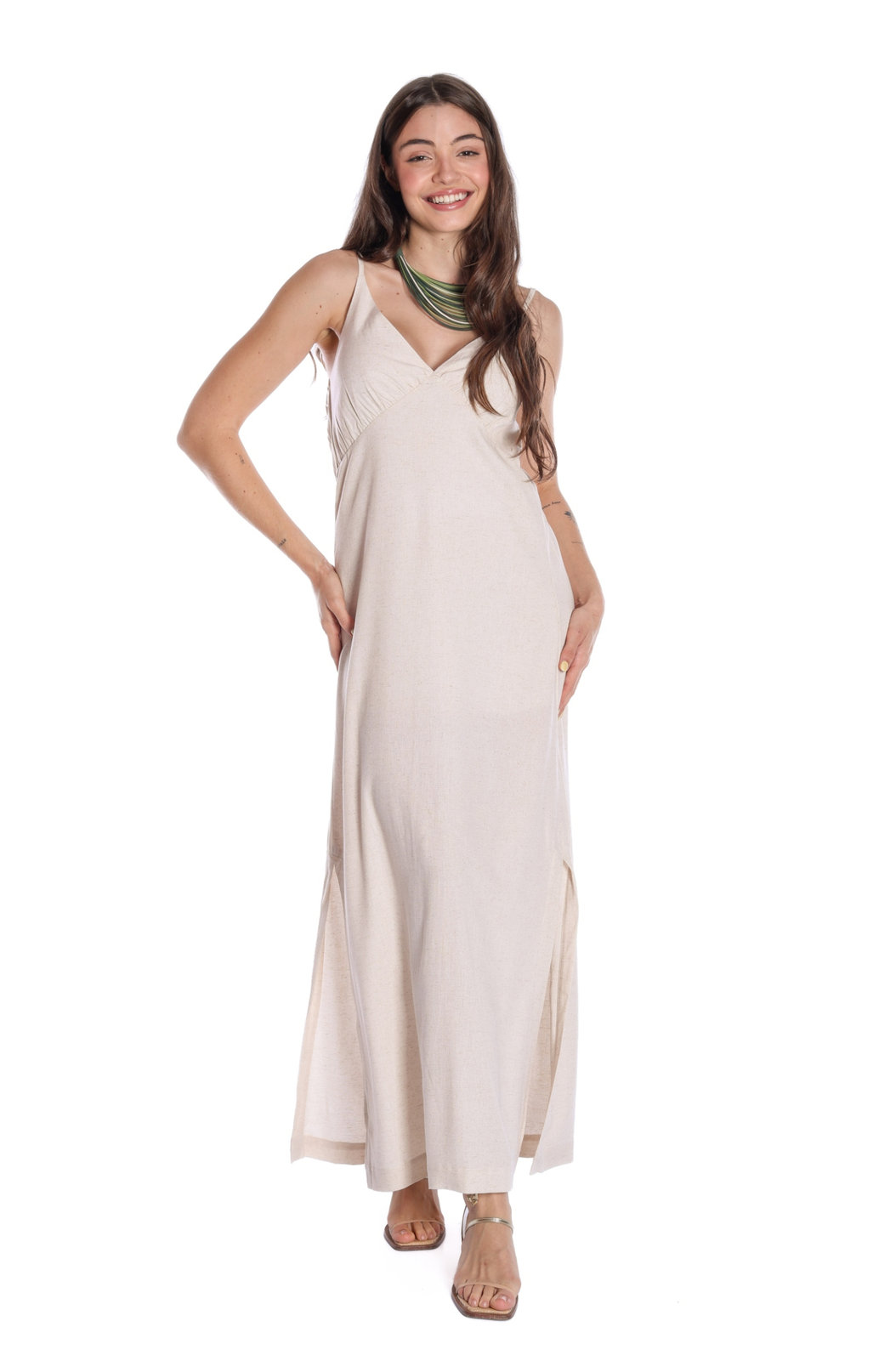 Vestido Feminino Linho Longo de Alça Estampado Natural Vestido Feminino Linho Longo de Alça Estampado Natural
