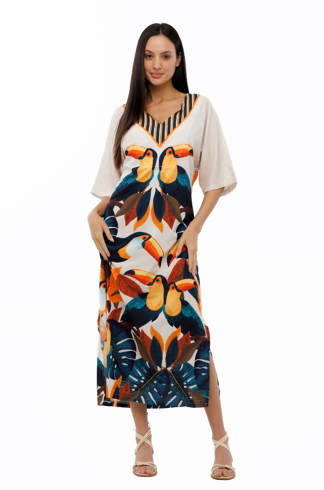 Vestido Feminino Kaftan Atena Estampado Tucanos Tela Bordada
