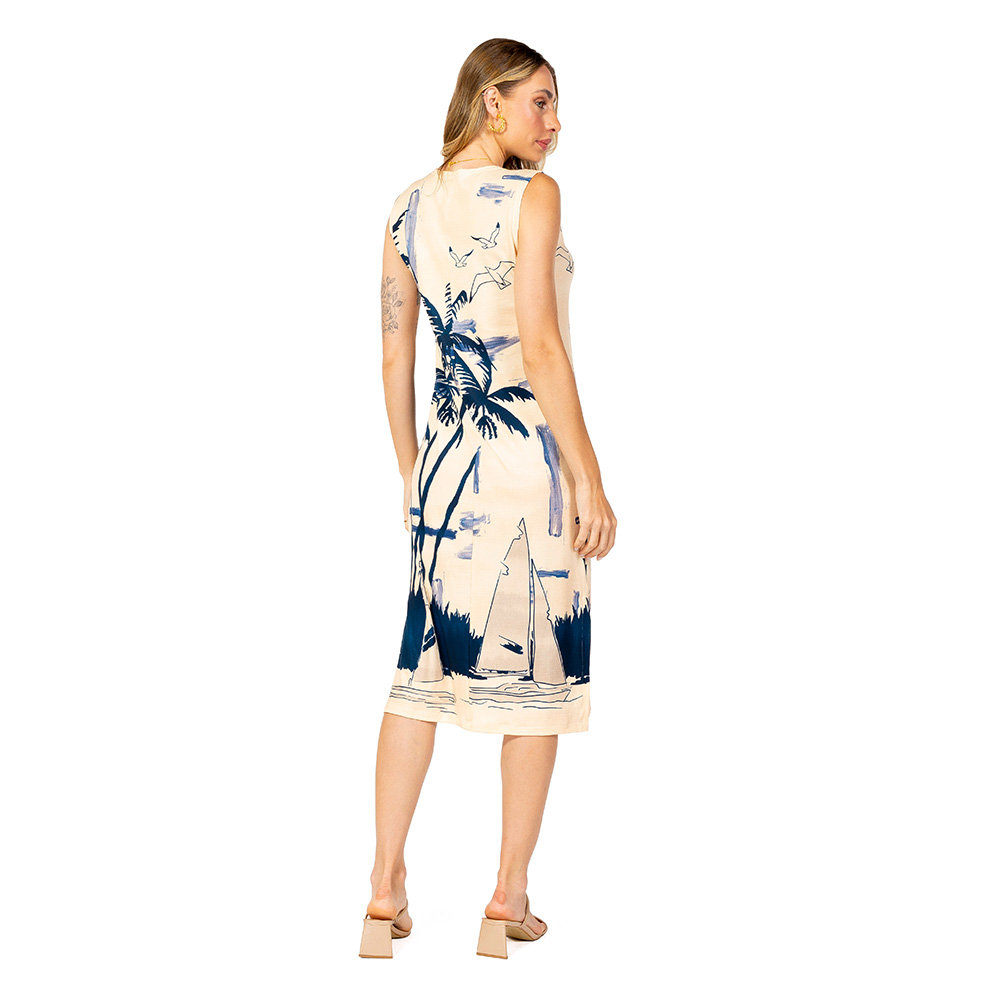 Vestido Feminino Clássico Midi Estampado Barcos Gaivotas Fundo Off Vestido Feminino Clássico Midi Estampado Barcos Gaivotas Fundo Off