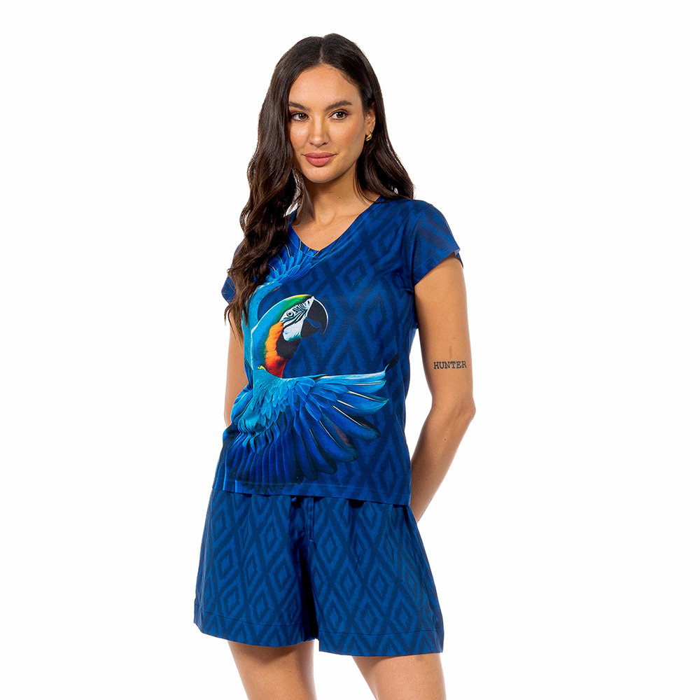 Blusa Florata Estampada Maxi Arara Fundo Azul