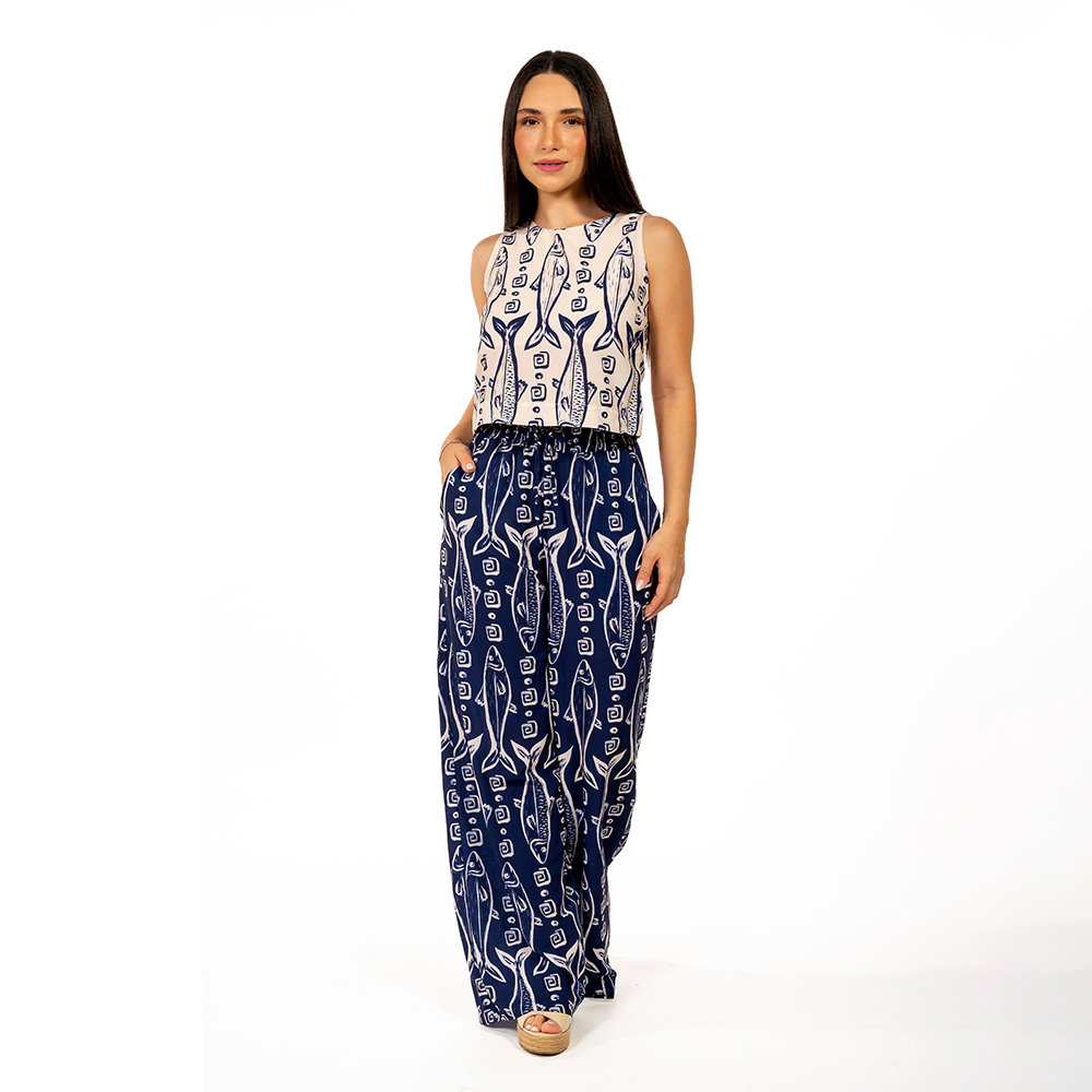 Calça Feminina Ampla Atena Estampada Maxi Peixes Fundo Off Calça Feminina Ampla Atena Estampada Maxi Peixes Fundo Off