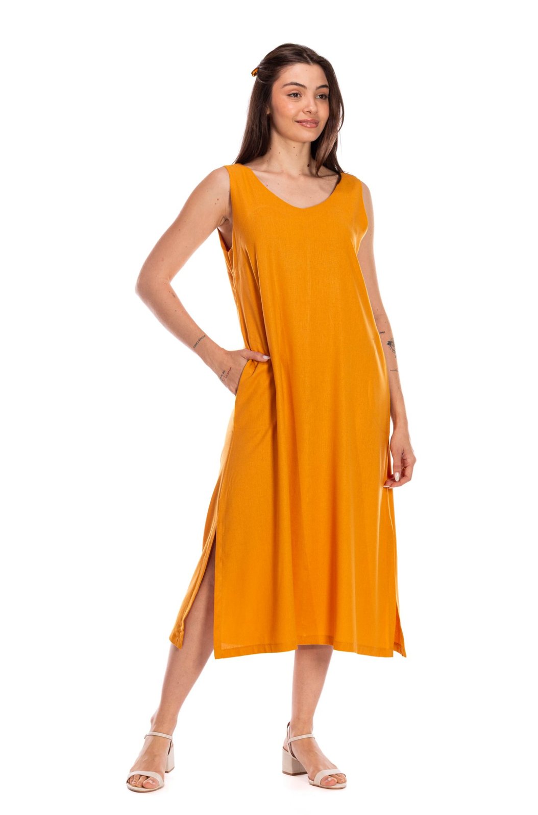 Vestido Feminino Linho Clássico com Bolso Mostarda Vestido Feminino Linho Clássico com Bolso Mostarda