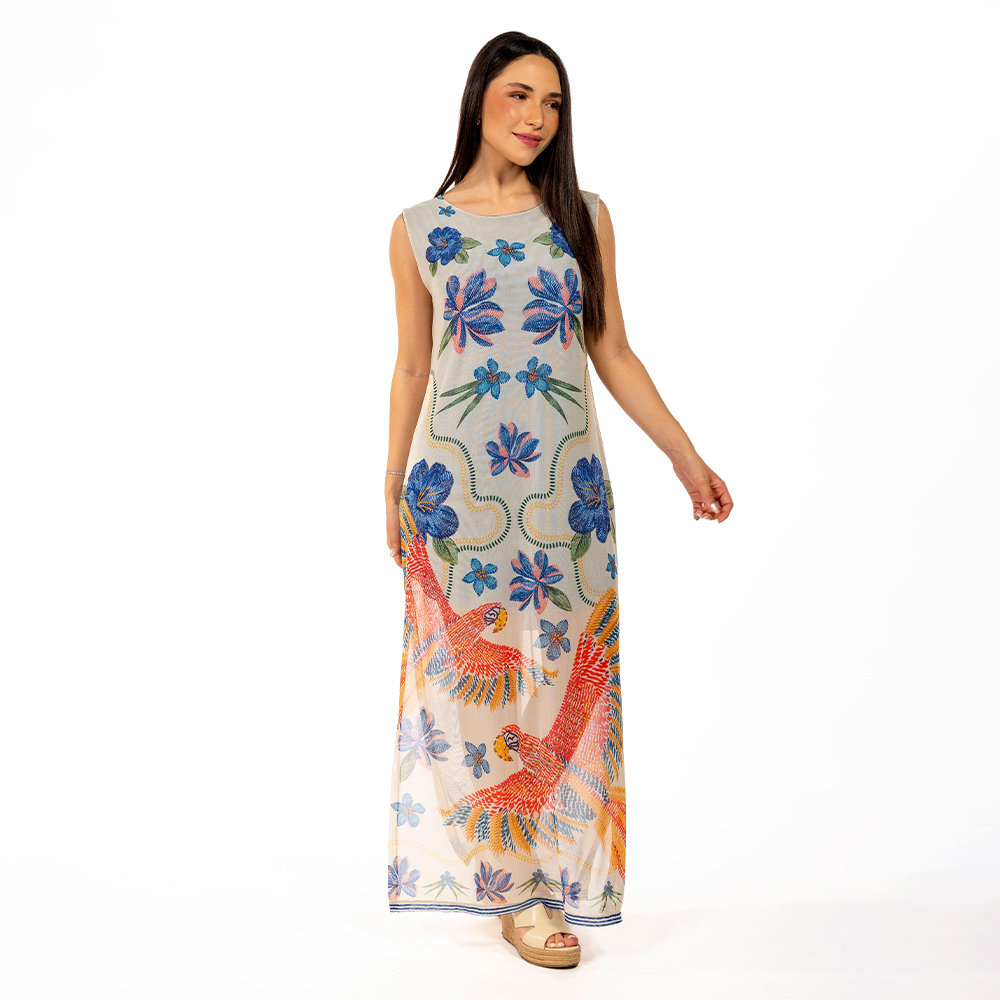 Vestido Feminino Tule Maré Estampado Pássaros e Flores Bordado