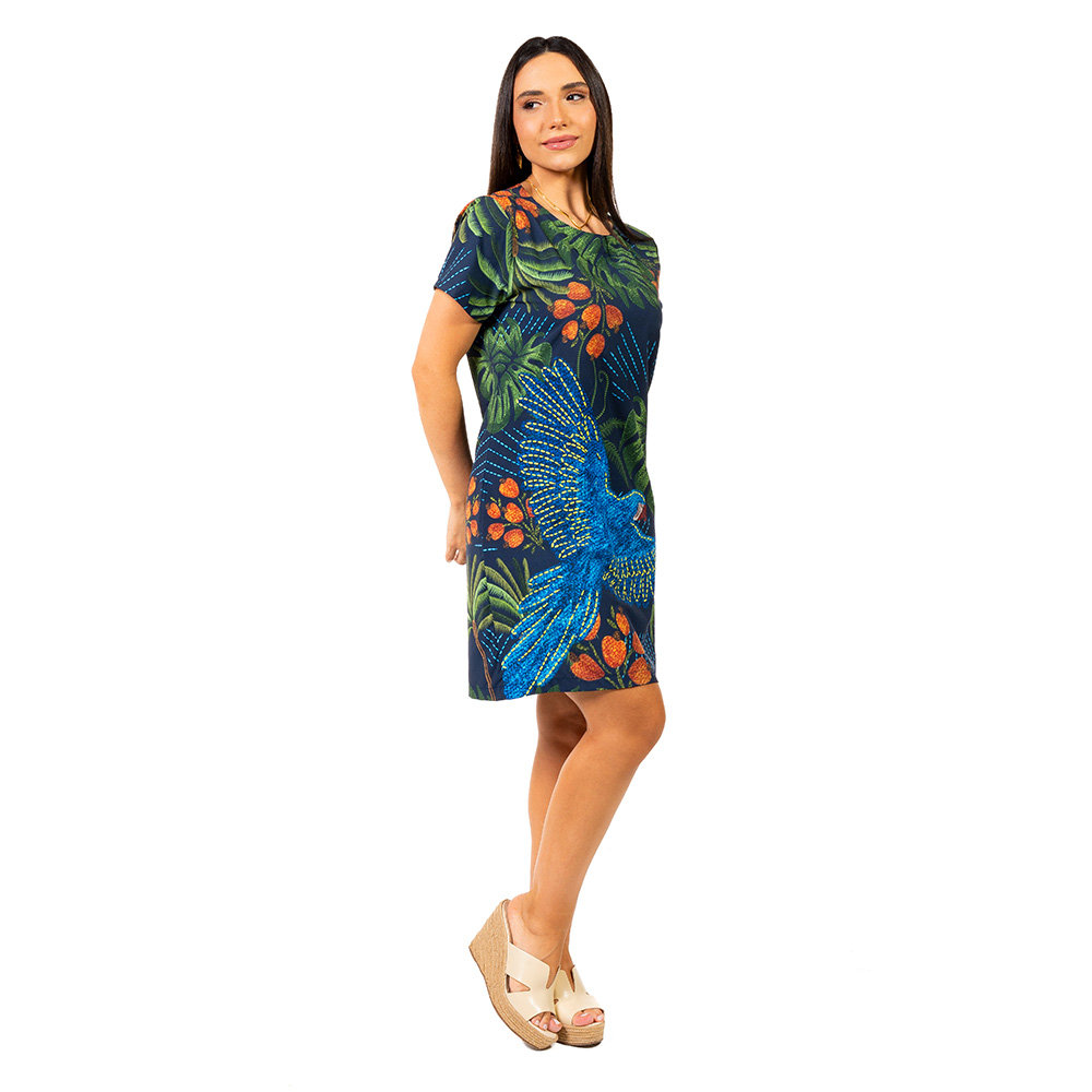 Vestido Feminino Atena Curto Estampado Arara Bordado Barra Fundo Azul
