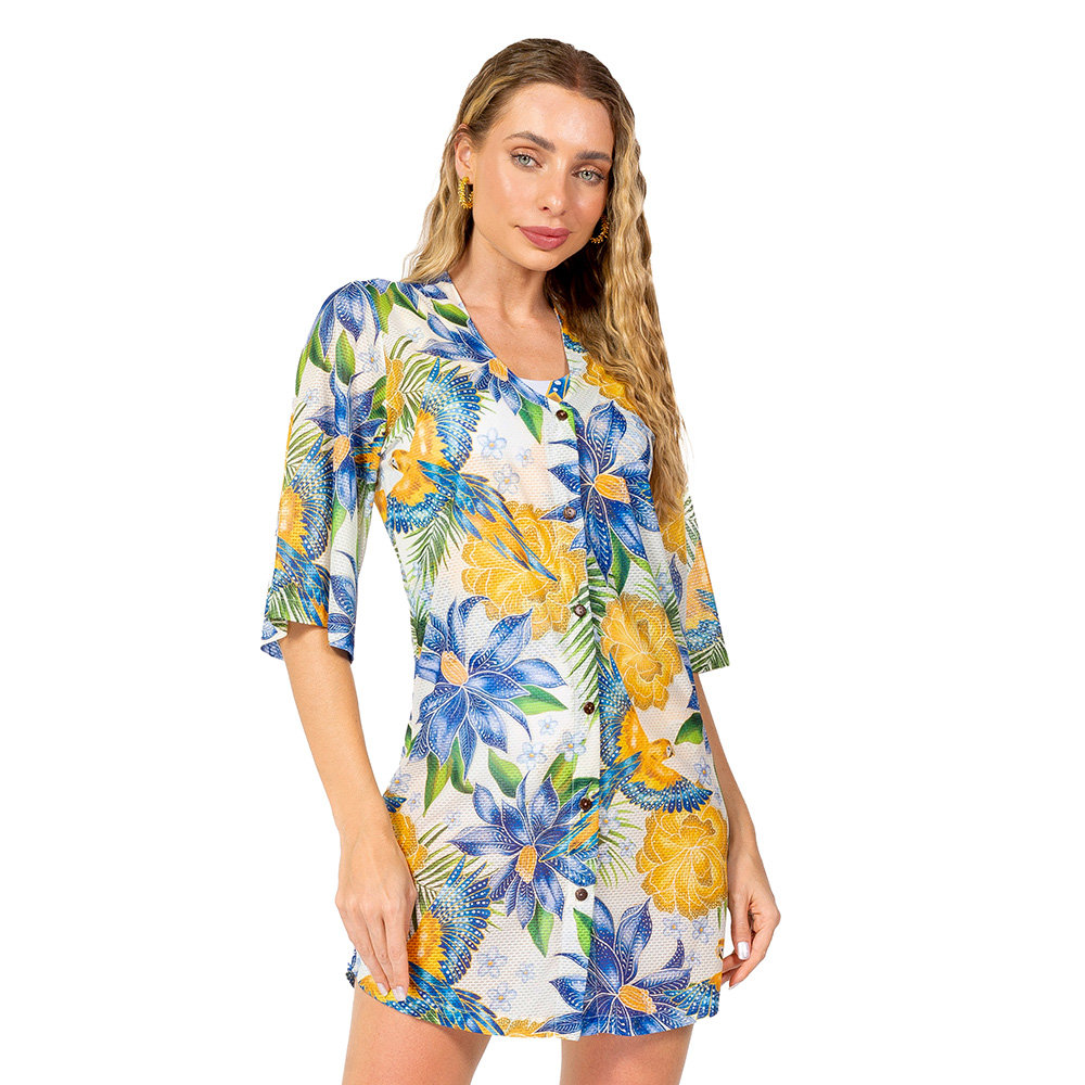 Saída de Praia Chemise Alongada Estampada Araras Flores Cores Brasil Saída de Praia Chemise Alongada Estampada Araras Flores Cores Brasil