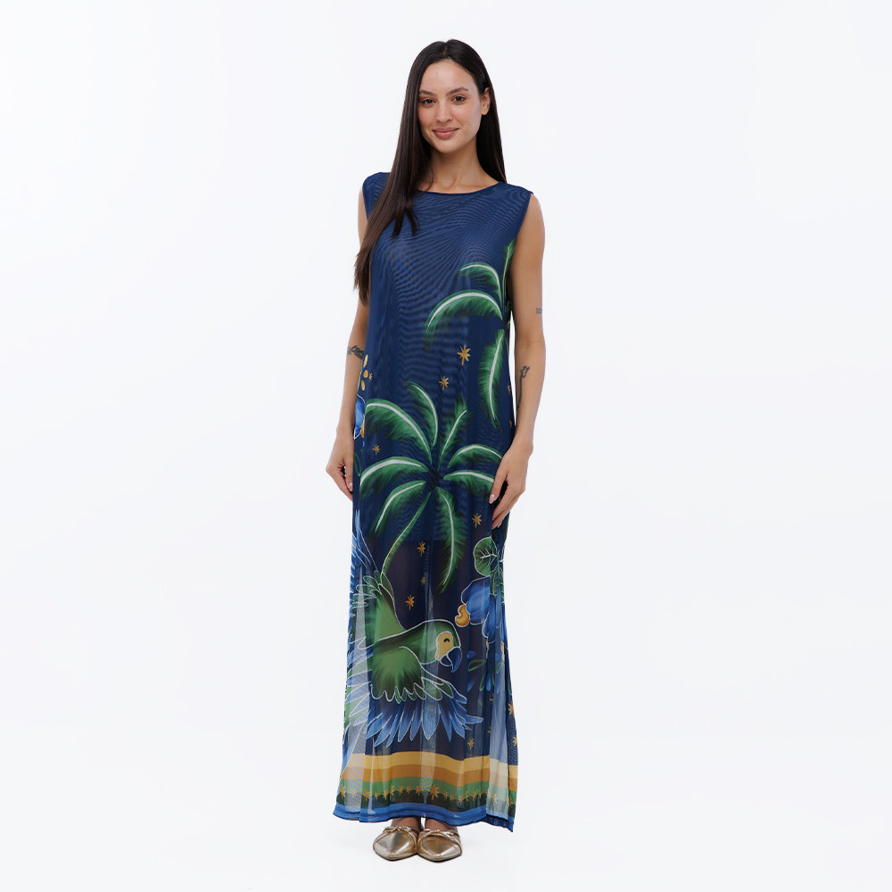 Vestido Feminino Tule Maré Estampado Motivos Tropicais Brasil Vestido Feminino Tule Maré Estampado Motivos Tropicais Brasil