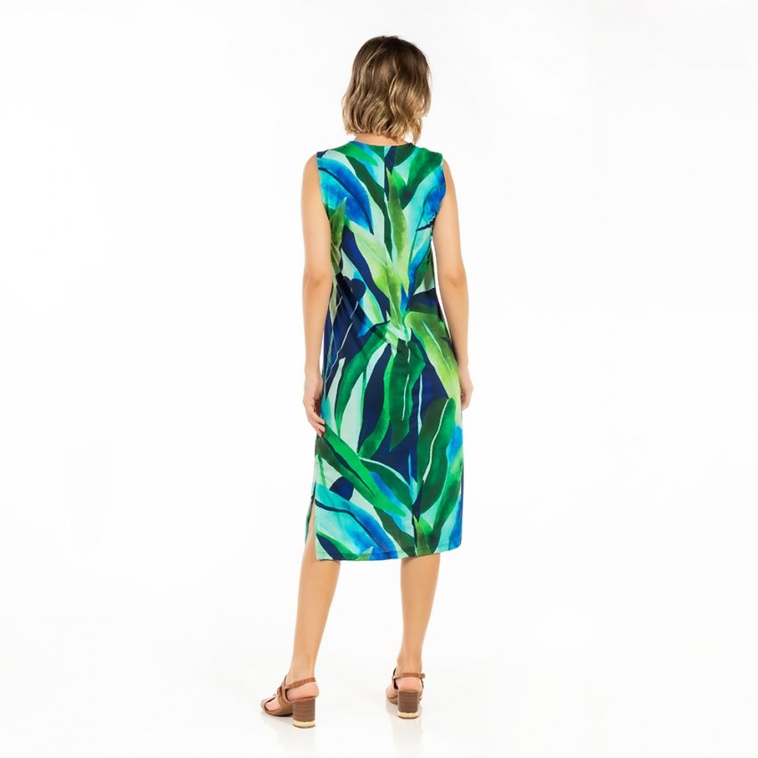 Vestido Feminino Clássico Midi Estampado Folhagens Verdes e Azuis Vestido Feminino Clássico Midi Estampado Folhagens Verdes e Azuis