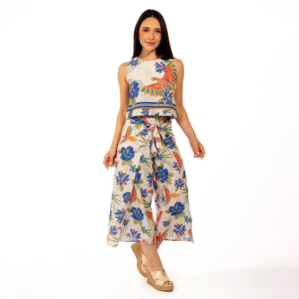 Calça Feminina Transpassada Estampada Pássaros e Flores Bordado Calça Feminina Transpassada Estampada Pássaros e Flores Bordado