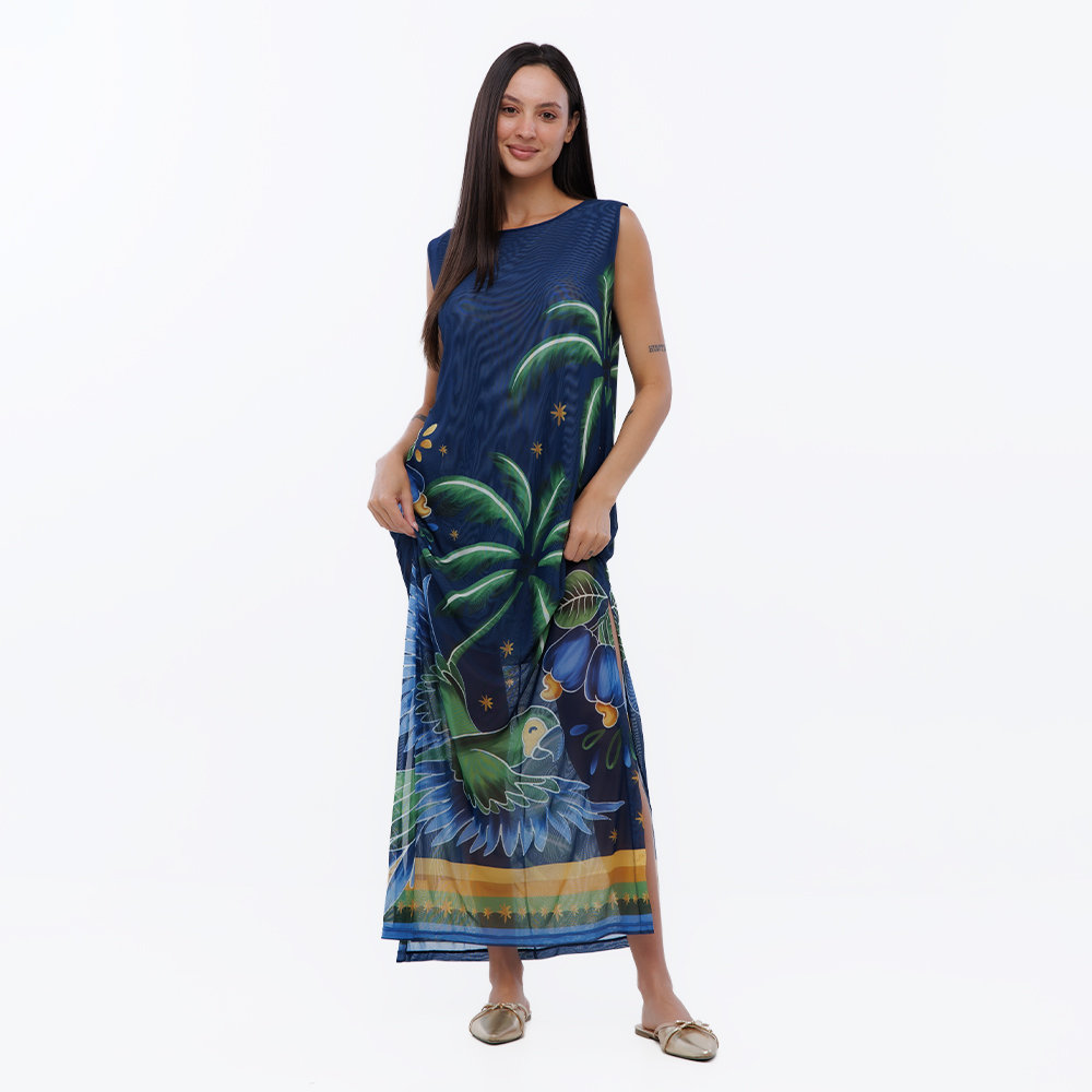 Vestido Feminino Tule Maré Estampado Motivos Tropicais Brasil Vestido Feminino Tule Maré Estampado Motivos Tropicais Brasil