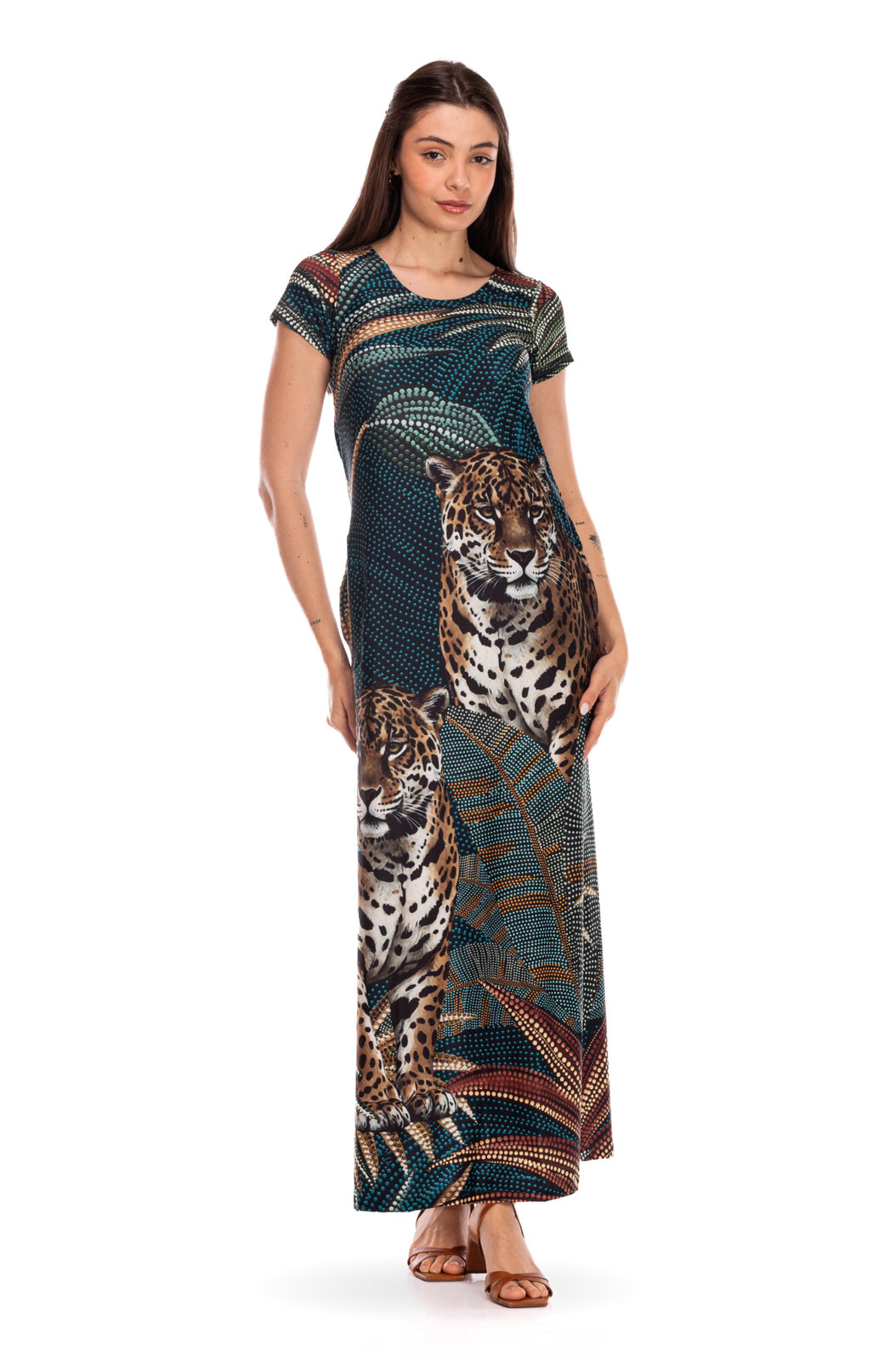 Vestido Feminino Jeri Longo New Estampado Onças Pontos de Luz Vestido Feminino Jeri Longo New Estampado Onças Pontos de Luz