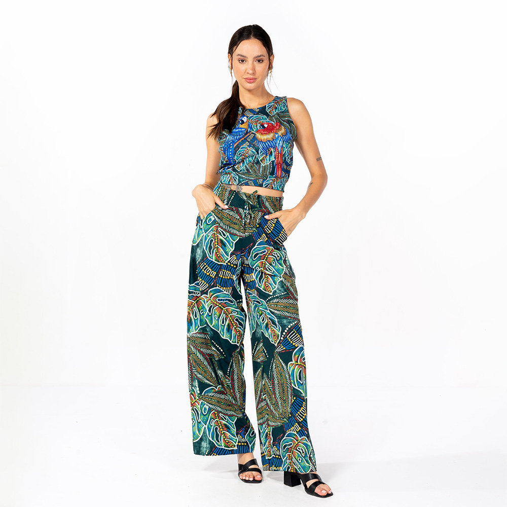Top Feminino Canelado Estampado Araras Folhagens Etnicas