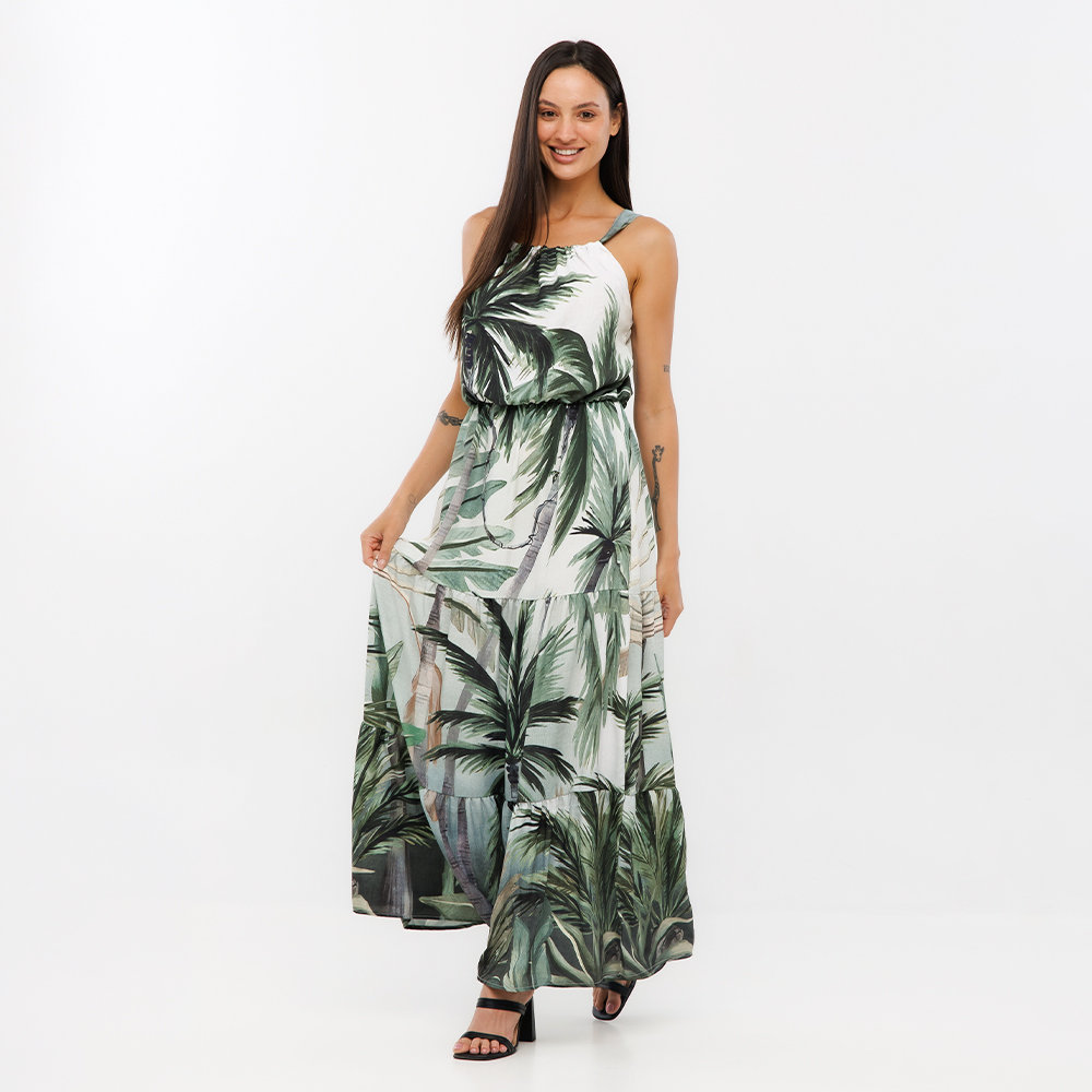 Vestido Feminino Aurora Estampado Palmeiras Fundo Degrade