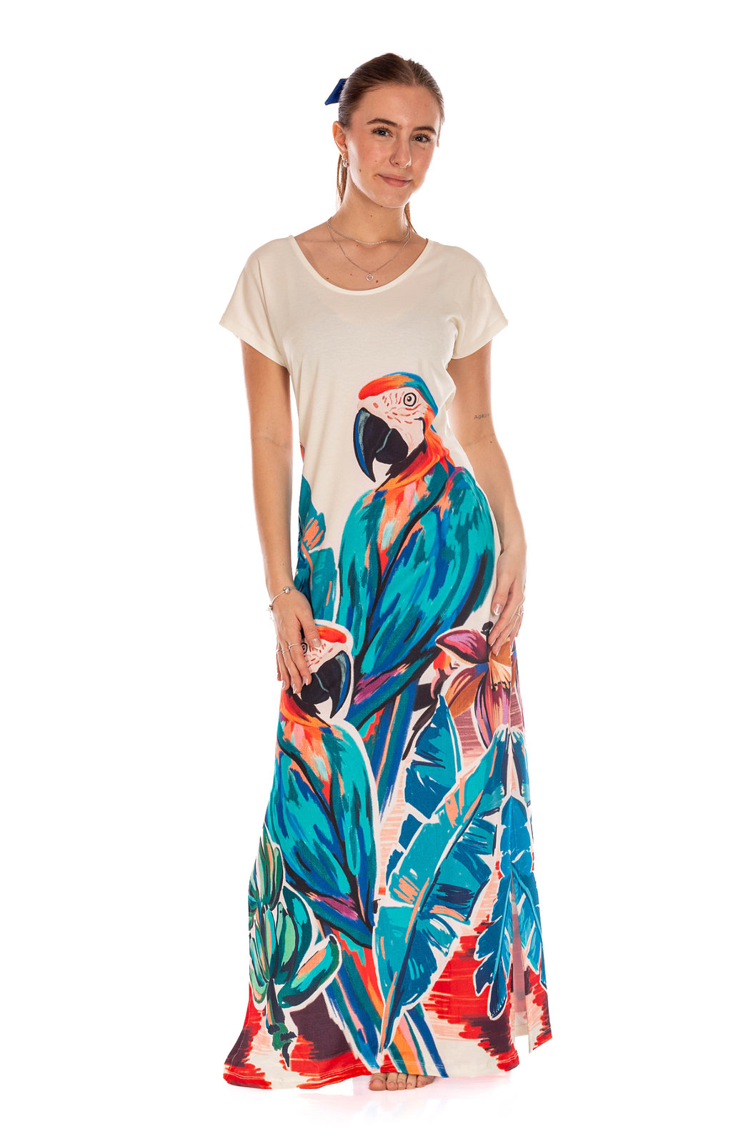 Vestido Feminino Jeri Longo New Estampado Canindé Bananas e Lírio Vestido Feminino Jeri Longo New Estampado Canindé Bananas e Lírio
