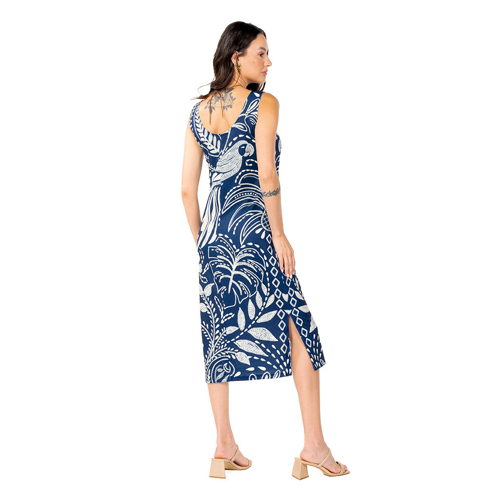 Vestido Feminino Canelado Estampado Araras Bordado Fundo Off