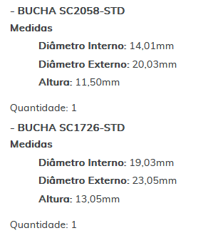 KIT SC2215-STD - KIT BUCHA PARTIDA NEW HOLLAND T59/ ESTE KIT É COMPOSTO POR: 1 - BUCHA SC2208-STD/ 1 - BUCHA SC2058-STD / 1 - BUCHA SC1726-STD - KIT KIT SC2215-STD - KIT BUCHA PARTIDA NEW HOLLAND T59/ ESTE KIT É COMPOSTO POR: 1 - BUCHA SC2208-STD/ 1 - BUCHA SC2058-STD / 1 - BUCHA SC1726-STD - KIT