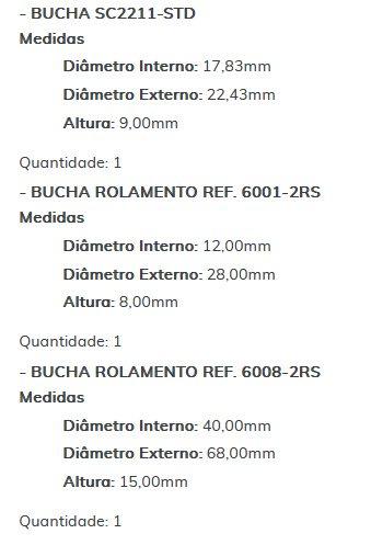 KIT SC1320-STD - KIT BUCHA PARTIDA VW - ESTE KIT É COMPOSTO POR: 1-BUCHA SC1101-STD/ 1-BUCHA SC2211-STD/ 1-BUCHA ROLAMENTO REF. 6001-2RS/ 1-BUCHA ROLAMENTO REF. 6008-2RS - KIT KIT SC1320-STD - KIT BUCHA PARTIDA VW - ESTE KIT É COMPOSTO POR: 1-BUCHA SC1101-STD/ 1-BUCHA SC2211-STD/ 1-BUCHA ROLAMENTO REF. 6001-2RS/ 1-BUCHA ROLAMENTO REF. 6008-2RS - KIT