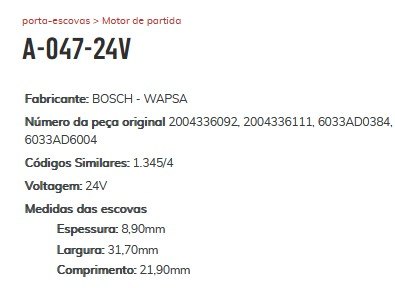 A-047-24V - PORTA ESCOVA PARTIDA BOSCH JHON DREE/ SCANIA/ VOLVO 24V - PC A-047-24V - PORTA ESCOVA PARTIDA BOSCH JHON DREE/ SCANIA/ VOLVO 24V - PC