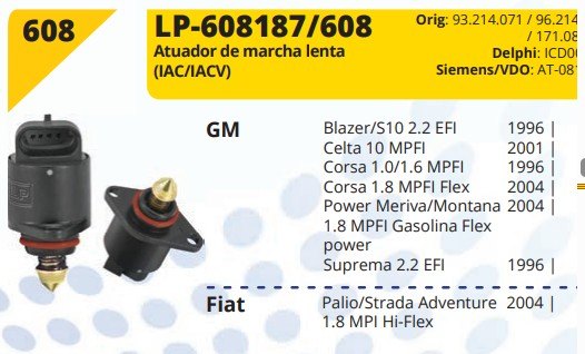LP608 - ATUAD. MARCHA LENTA PALIO/ STRADA 1.8 MPI 04/... CELTA/CORSA EFI/MPFI BLAZER/ S10 96/... - UN