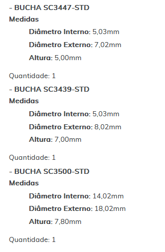 KIT SC2281-STD - KIT BUCHA PARTIDA DENSO/ GRANDSIENA/ MOBI/ UNO/ PALIO/ STRADA/ TORO/ ESTE KIT É COMPOSTO POR: 1-BUCHA SC3035-STD/ 1-BUCHA SC3447-STD/ 1-BUCHA SC3439-STD/ 1-BUCHA SC3500-STD - KIT
